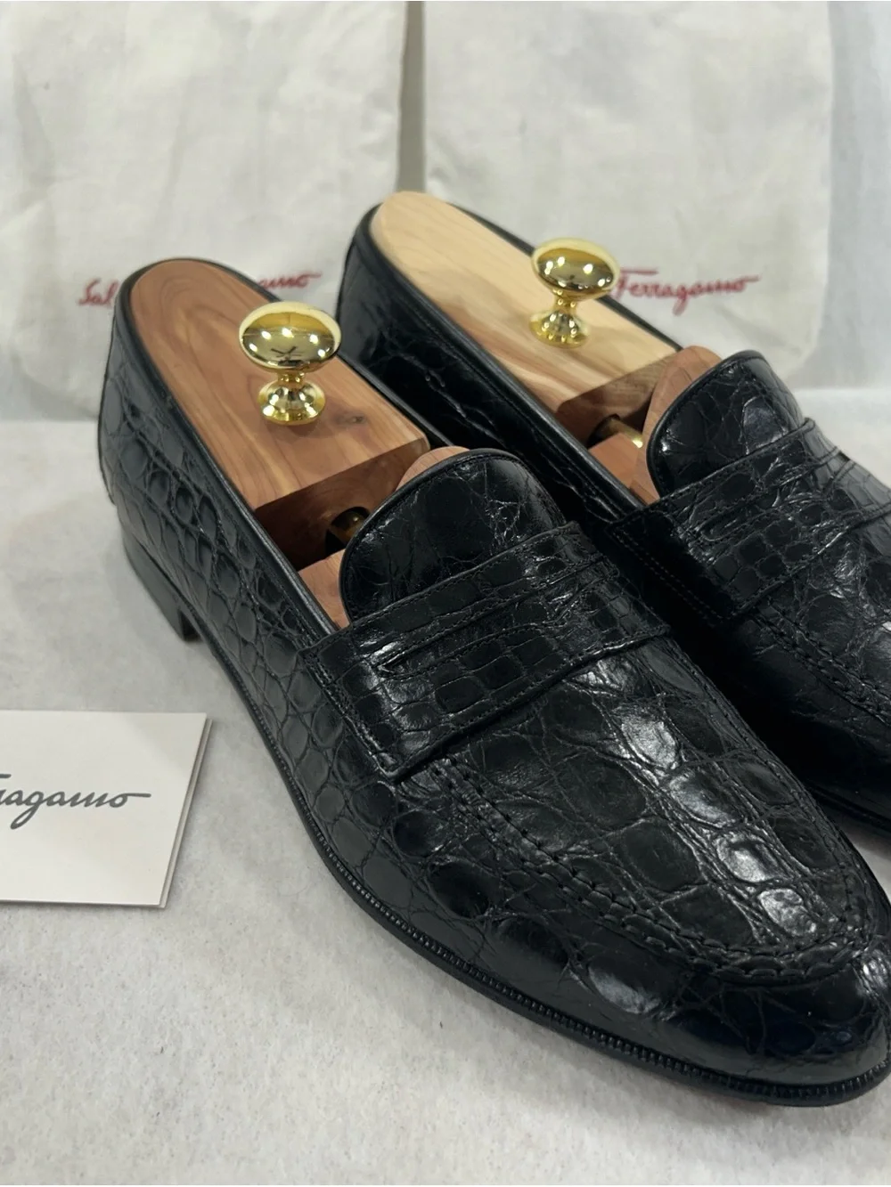 Salvatore Ferragamo Texas Black Crocodile Penny Loafers Mens 10.5 D Italy Box